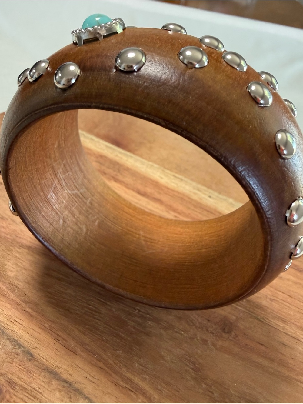 Wide Brown Wood Bangle Cuff Bracelet w/ Silver-Tone Studs & Bezel Turquoise